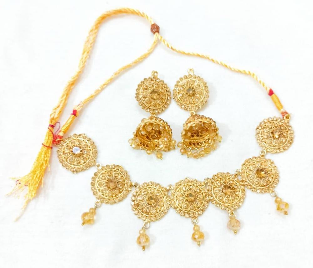 Artificial Stones Fancy Choker Set | Gold Plated Jewelry Set with Matching Earrings